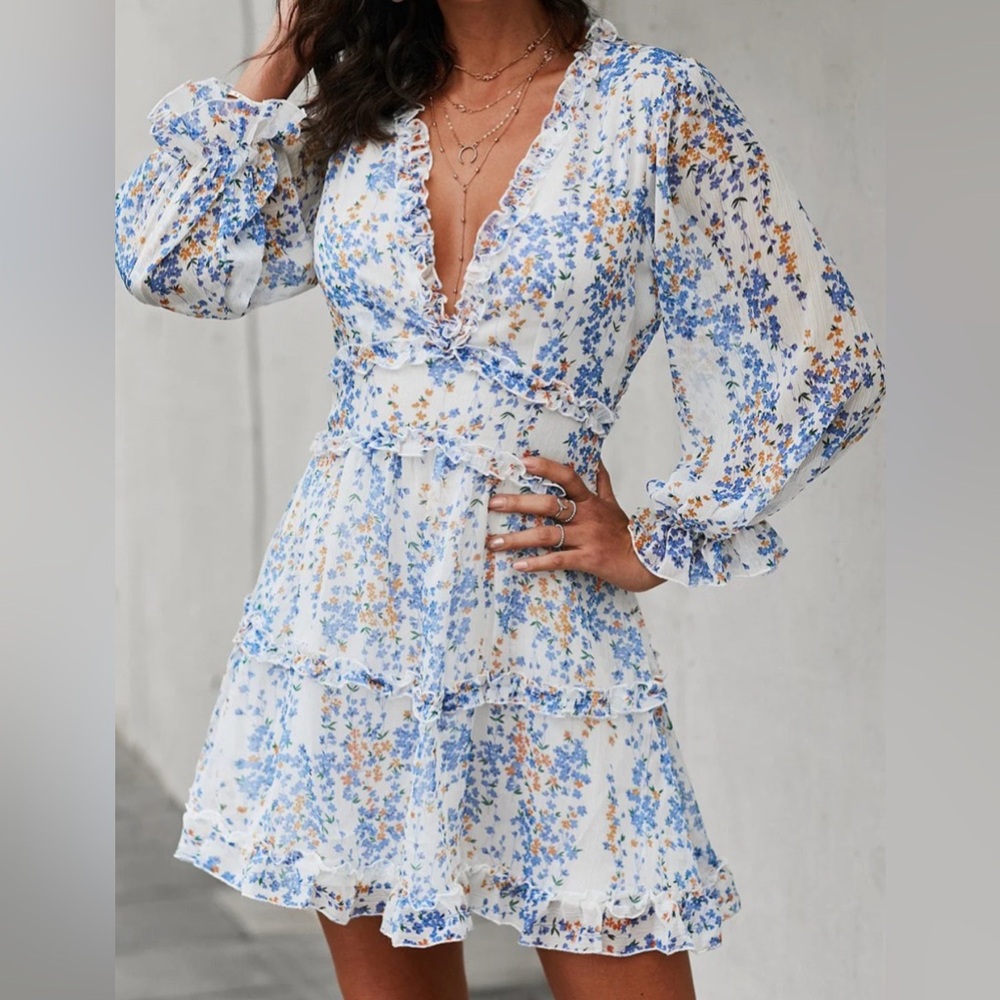 Floral blue and white mini long sleeve dress